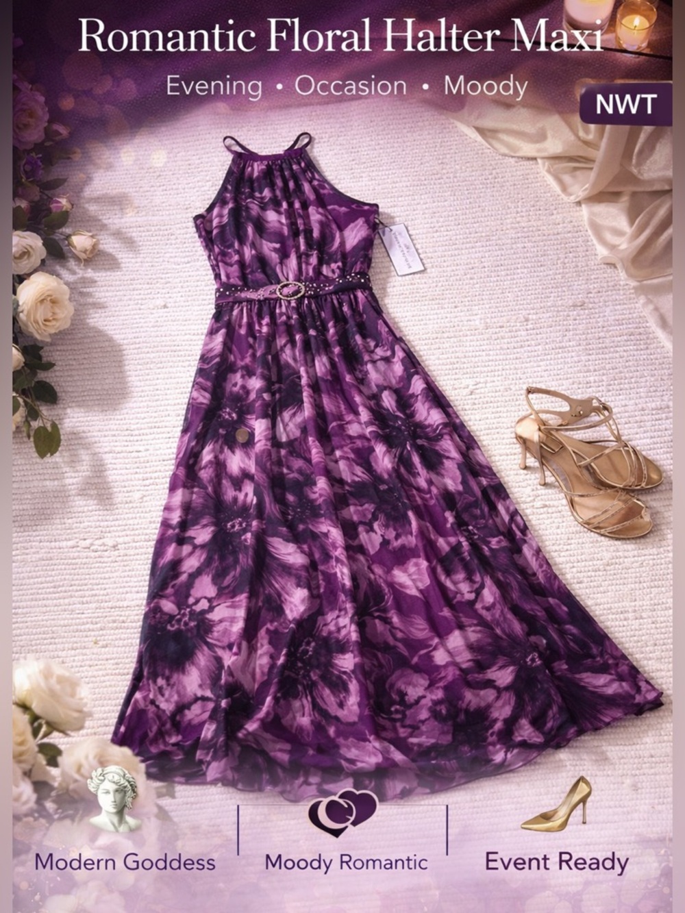En Focus Purple Floral Halter Maxi Dress NWT Belted Romantic Evening 12